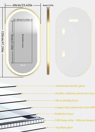 Gold Frame Oval Bathroom Mirror LED Lighted Anti-Fog Smart Vanity Mirror Anti-fog Dimmable Illuminated Innovative Makeup Mirror
