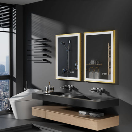 LED Bathroom Vanity Mirror Gold Frame Front Lighted Aluminum Rectangle Beveled Edge Tricolors Stepless Dimmable