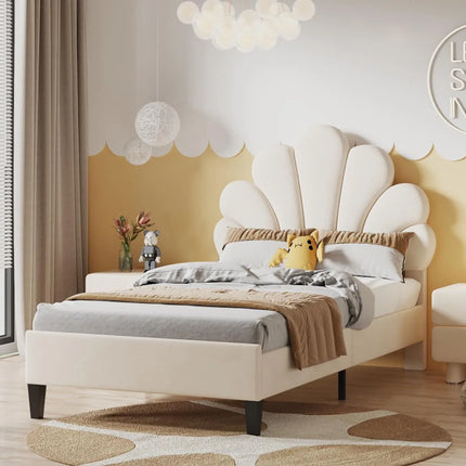 90 x 200 cm Single Bed for Teenagers and Adult , Beige Velvet Fabric with Flower-shaped Headboard and Slatted Frame