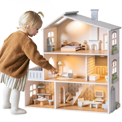 Robud Wooden Dollhouse 6 Rooms 29 Realistic Accessories 4-6" Dolls  Nordic Style Kids Toddlers Gift Ages 3+