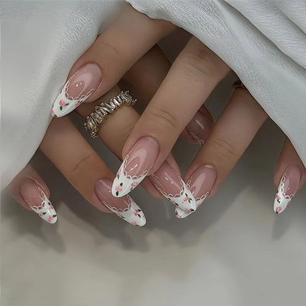 24Pcs Autumn Winter Matte Almond False Nails with Glue Rose