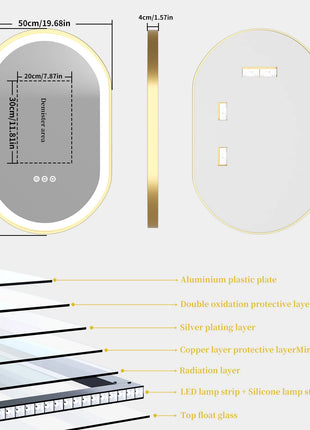 Gold Frame Oval Bathroom Mirror LED Lighted Anti-Fog Smart Vanity Mirror Anti-fog Dimmable Illuminated Innovative Makeup Mirror