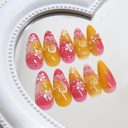 24pcs White Flower Fake Nail Tips Ins Yellow Pink Blush False Nails