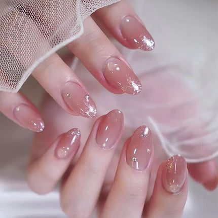 Blush Pink False Nails Bowknot Diamond Pearl 3D Design Press on Nail Tips