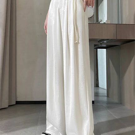 New Chinese Style Jacquard Wide Leg Satin Pants for Women Elegant Solid Office Lady Women's Casual Loose Pants Female