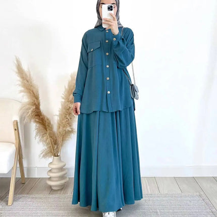 2-Piece Long Sleeve Shirt and Skirts Set for Women Elegant Abaya Dubai Turkey Islamic Casual Tops Monochromatic Skirt Fashion