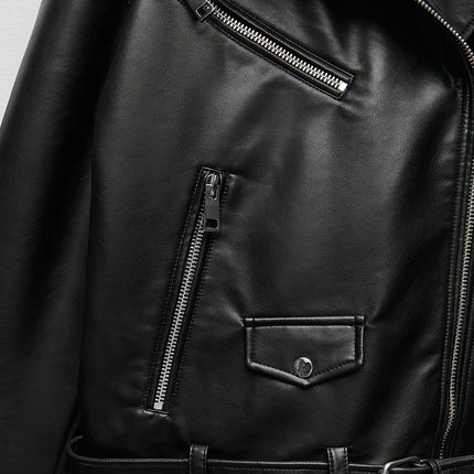 Women Loose Motorcycle Biker Black Pu Faux Leather Jacket with Belt Spring Autumn Female Zipper Coat Outwear