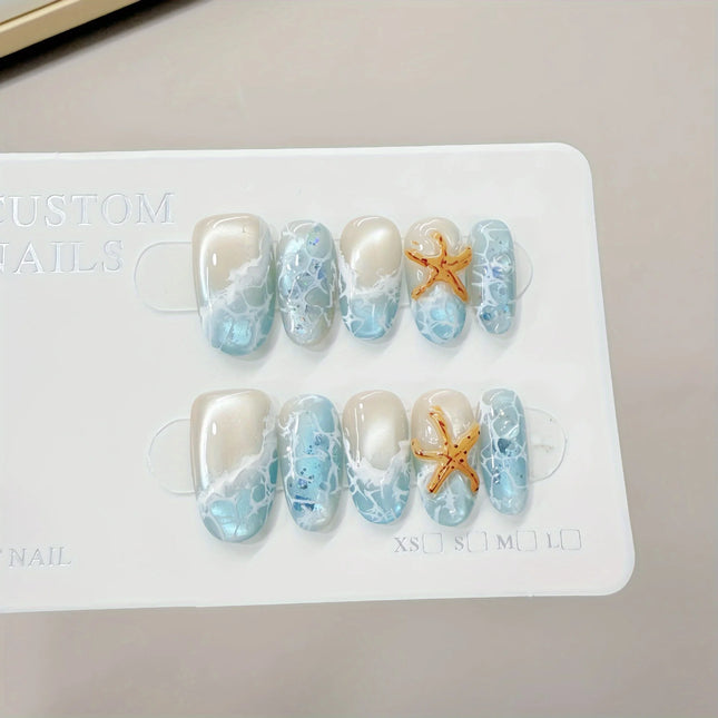 10pcs Handmade Press on Nails Summer Wave Ripple Starfish Full Coverage