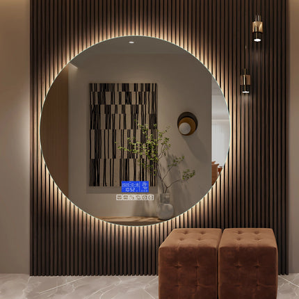 Multi Functional Circular Bathroom Mirror, Wall Mirror with Temperature Display, Defogging Function, and Brightness Adjustment