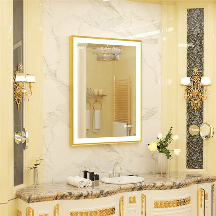 LED Bathroom Vanity Mirror Gold Frame Front Lighted Aluminum Rectangle Beveled Edge Tricolors Stepless Dimmable