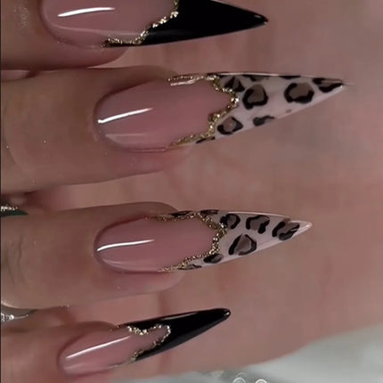 24pcs Leopard Print Almond Fake Press on Nails with Mini Flower Acrylic
