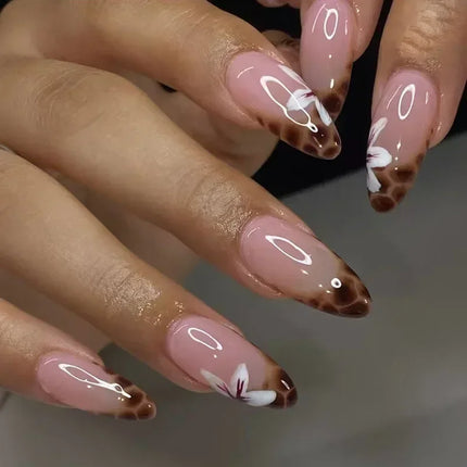 24pcs Leopard Print Almond Fake Press on Nails with Mini Flower Acrylic