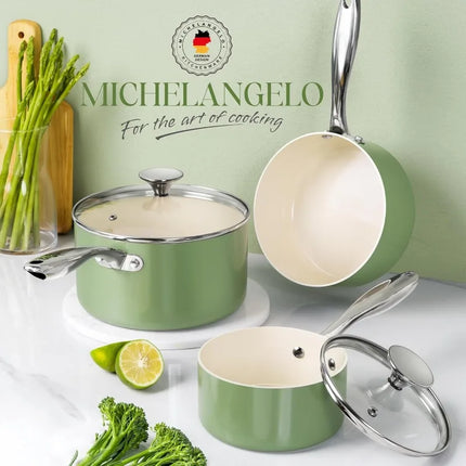 Non Stick Saucepan with Lid Stainless Steel Handle Ceramic Coating Milk Pot for Cooking Scratch