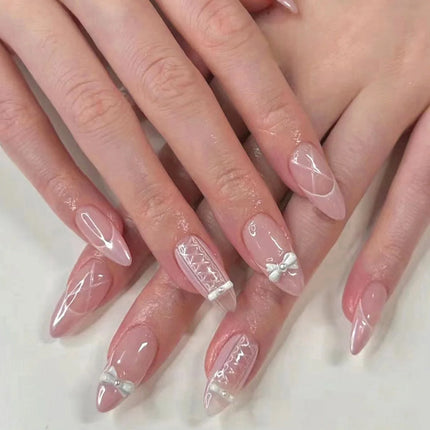 Blush Pink False Nails Bowknot Diamond Pearl 3D Design Press on Nail Tips