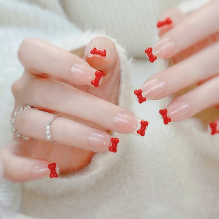 Blush Pink False Nails Bowknot Diamond Pearl 3D Design Press on Nail Tips