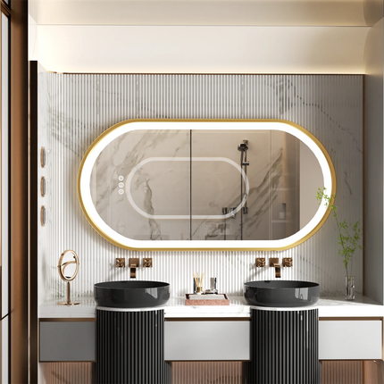 Gold Frame Oval Bathroom Mirror LED Lighted Anti-Fog Smart Vanity Mirror Anti-fog Dimmable Illuminated Innovative Makeup Mirror