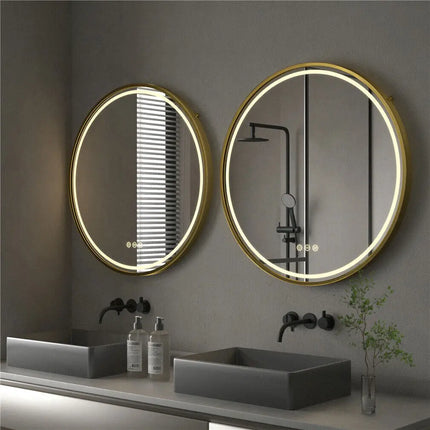 600mm Round LED Mirror Illuminated Lighted Wall Hanging Bathroom Mirror, Anti-fog, Golden/ Black Frame for Bathroom Entryway