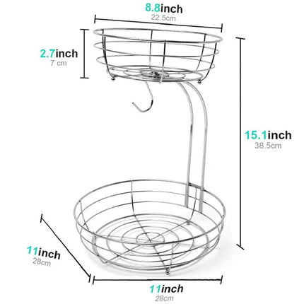 2-Tier Fruit Basket, Metal Fruit Bowl, Bread Baskets, Fruit Holder, Large Fruit Stand Organizer With Banana Hanger, Black