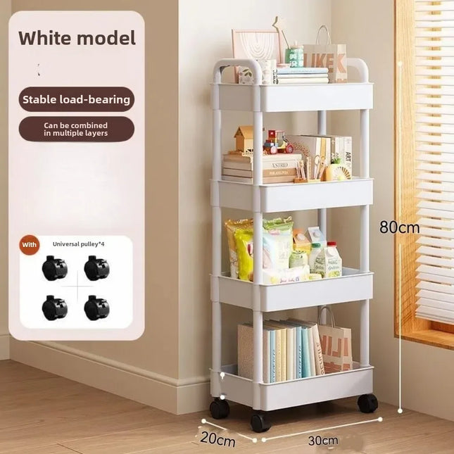 Multifunctional White Rolling Storage Cart:Open Shelves for Living Spaces Book Display,Ideal for Kitchen,Bedroom Storage Decor