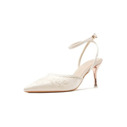 Women Fashion Pumps Woman 7cm Flower Heels High Heel Shoes Buckle Strap Silk Shallow Pointed Toe Sandals Lady Wedding Shoe white