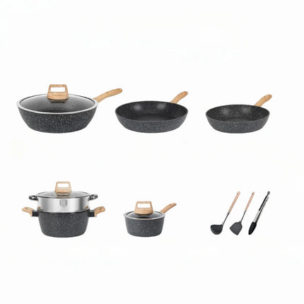 Kitchen Essentials Pot Set of 12 Non Stick Cookware Sets with Granite Coating and Universal Sensing Gas