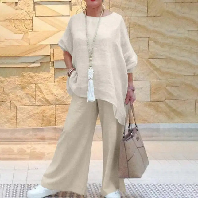 Elegant Women's Cotton 2-Piece Set Sportswear Set Long Sleeve Top Loose Pants Set Women's