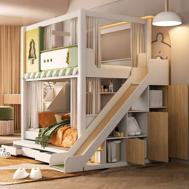 High guardrail bunk beds, tree house structure with slide