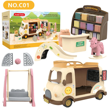 School Bus Book Shelf 1/12 Dollhouse Forest Family Ice Cream Sales Vehicle