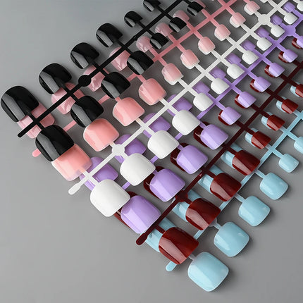 144pcs Short Square False Toe Nails Lake Blue/White/Red/Nude Press