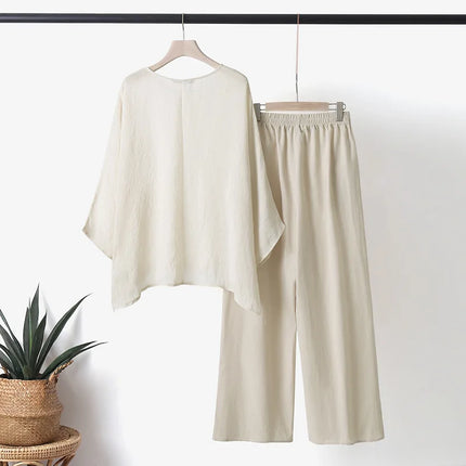 Elegant Women's Cotton 2-Piece Set Sportswear Set Long Sleeve Top Loose Pants Set Women's