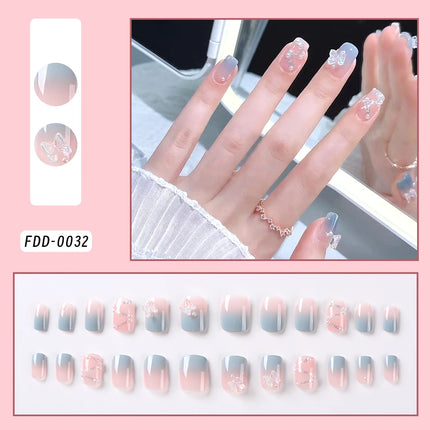 24Pcs Gold Ripple Brown Flowers False Nails with Rhinestones Pearl Design