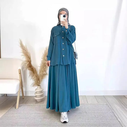 2-Piece Long Sleeve Shirt and Skirts Set for Women Elegant Abaya Dubai Turkey Islamic Casual Tops Monochromatic Skirt Fashion