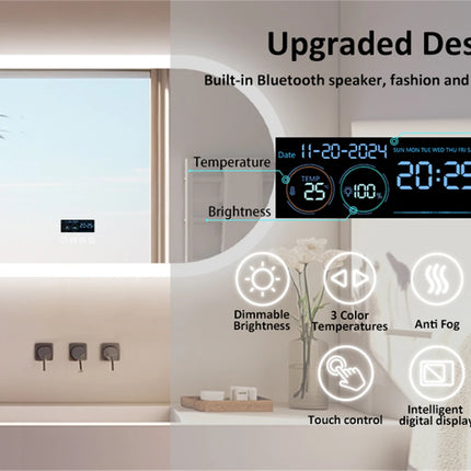 Large Bathroom Mirror Oval LED Vanity Mirror Wall Mounted w Bluetooth, Digital Display, Back Front Lit, Anti Fog for Hotel Hall