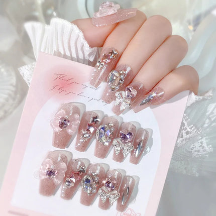 Blush Pink False Nails Bowknot Diamond Pearl 3D Design Press on Nail Tips