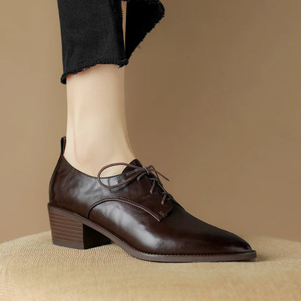 EAGSITY Cow leather lace up pointed toe oxford shoes women shoes block Heel Women high heel derby shoes outdoor sneaker