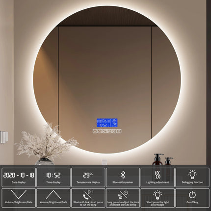 Multi Functional Circular Bathroom Mirror, Wall Mirror with Temperature Display, Defogging Function, and Brightness Adjustment