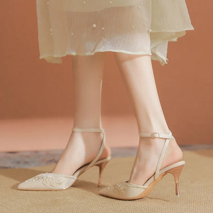 Women Fashion Pumps Woman 7cm Flower Heels High Heel Shoes Buckle Strap Silk Shallow Pointed Toe Sandals Lady Wedding Shoe white