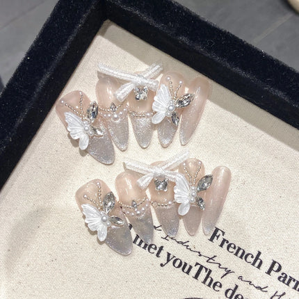 10Pcs Reuse Finished Fake Nails with Butterfly Deisgn Pink Cat's Eye French