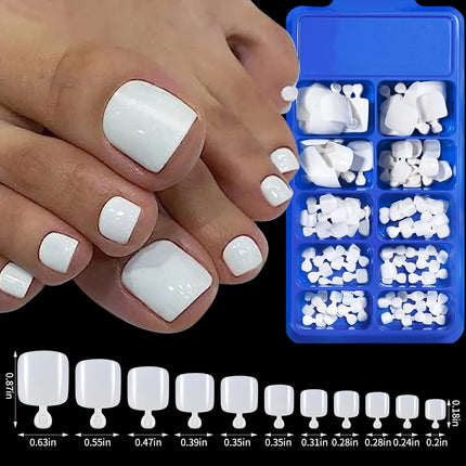 144pcs Short Square False Toe Nails Lake Blue/White/Red/Nude Press