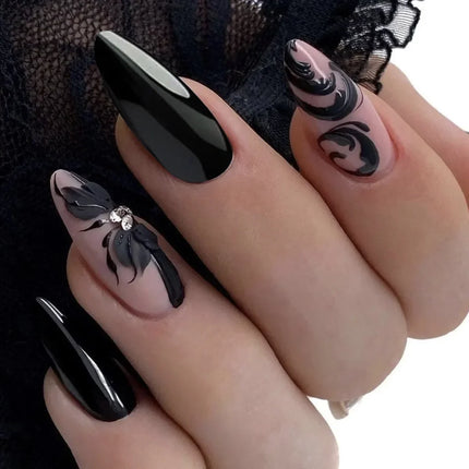 24pcs Leopard Print Almond Fake Press on Nails with Mini Flower Acrylic