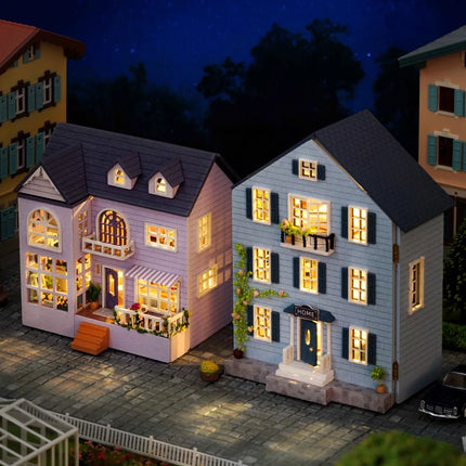 Wooden Doll House Assembly Building Model Pink Princess Villa Architecture Kit 3D