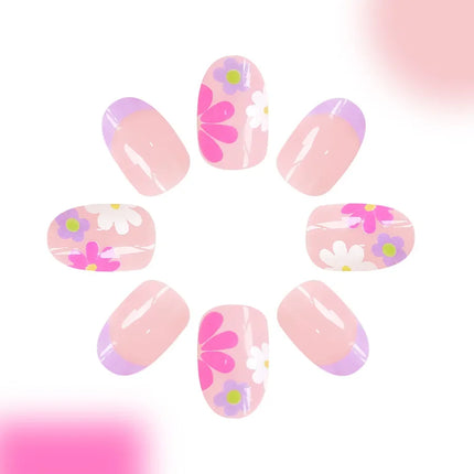 24Pcs Short Almond Press-On Nails Pink Floral French Tip Glossy&Elegant Full Cover