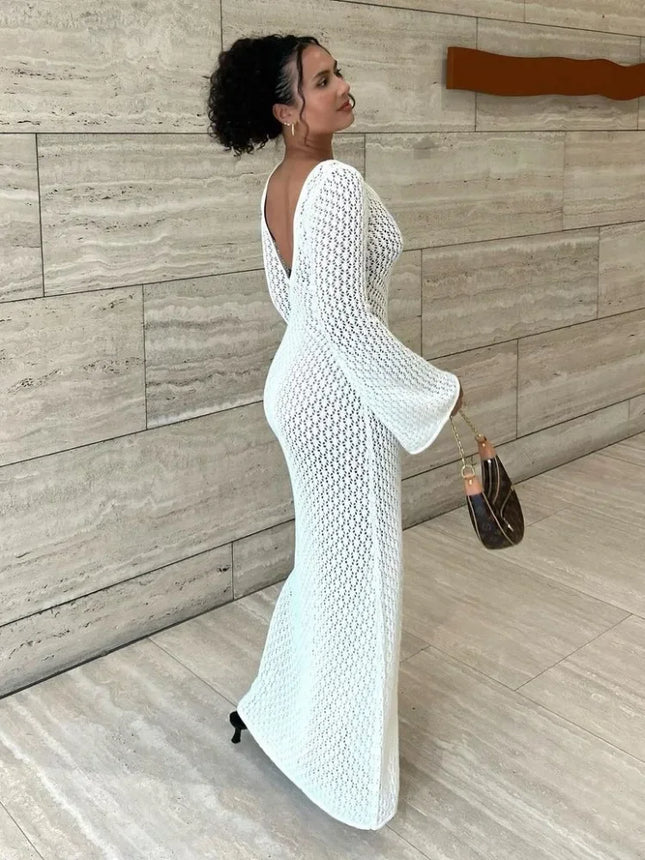 BWQ White Knit Fashion Cover up Maxi Dress Female See-Through V-Neck Hollow Out Beach Holiday Dress Knitwear Backless Dress