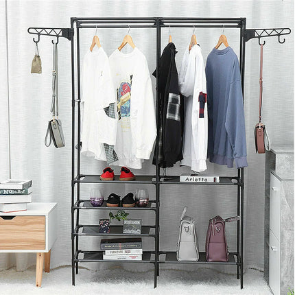 Clothes Rack Double Row Clothes Rack Large Floor Hangers With Hanging Hooks Shoes Household Storage Shelf Modern Coat Rack