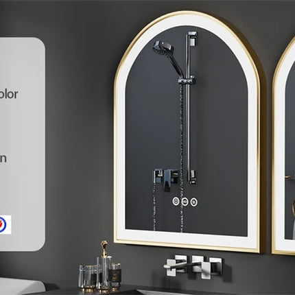 Gold LED Bathroom Mirror Large Wall Mounted Vanity Mirror 3 Colors Anti-Fog Dimmable Front Light Aluminum Frame 36x24" Arched