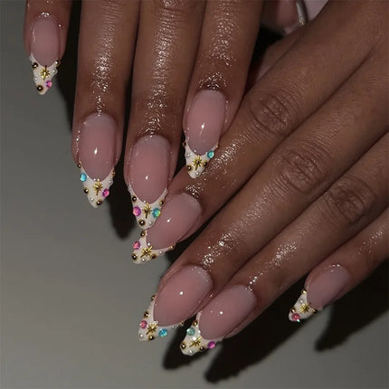 24pcs Leopard Print Almond Fake Press on Nails with Mini Flower Acrylic