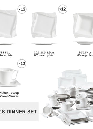 MALACASA Amparo 30/60 Piece White Porcelain Dinnerware Set Cups Saucers Dessert Soup Dinner Plates Service for 6/12 Persone