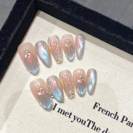 10Pcs Reuse Finished Fake Nails with Butterfly Deisgn Pink Cat's Eye French