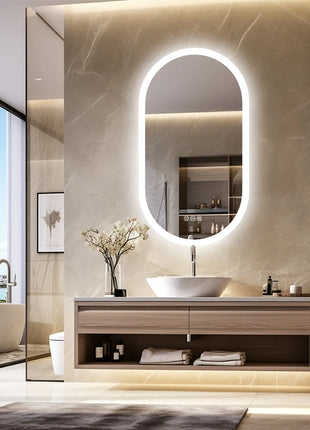 Backlit Smart LED Bathroom Mirror: Oval Dimmable 3 Colors Anti-Fog Mirrors with Light Memory - IP65 CRI95 Large Wall Mounted