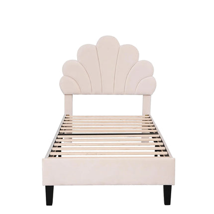 90 x 200 cm Single Bed for Teenagers and Adult , Beige Velvet Fabric with Flower-shaped Headboard and Slatted Frame